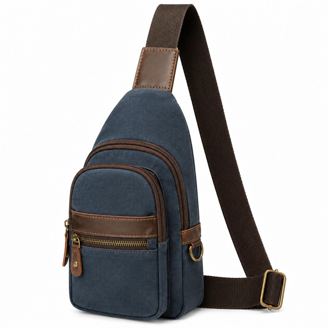 Borsa a tracolla 18 x 8 x 32 cm in tessuto blu con inserti marroni e tasche con zip