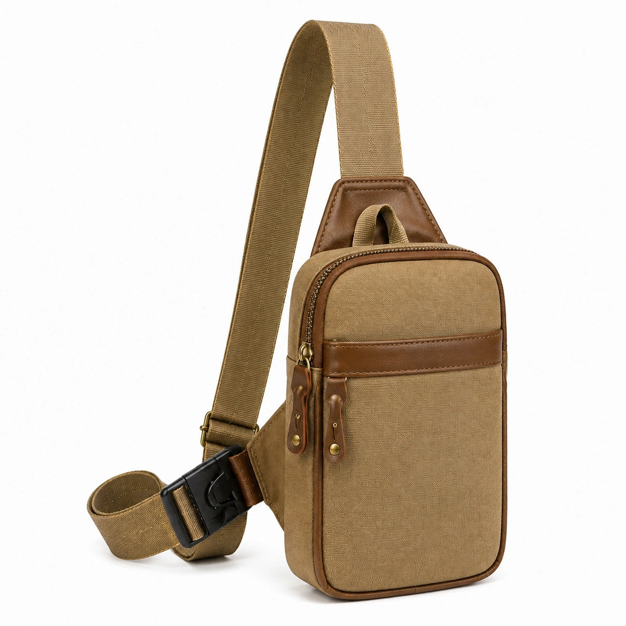 Borsa a tracolla 17 x 8 x 31 cm in tela beige e similpelle marrone con tasca frontale