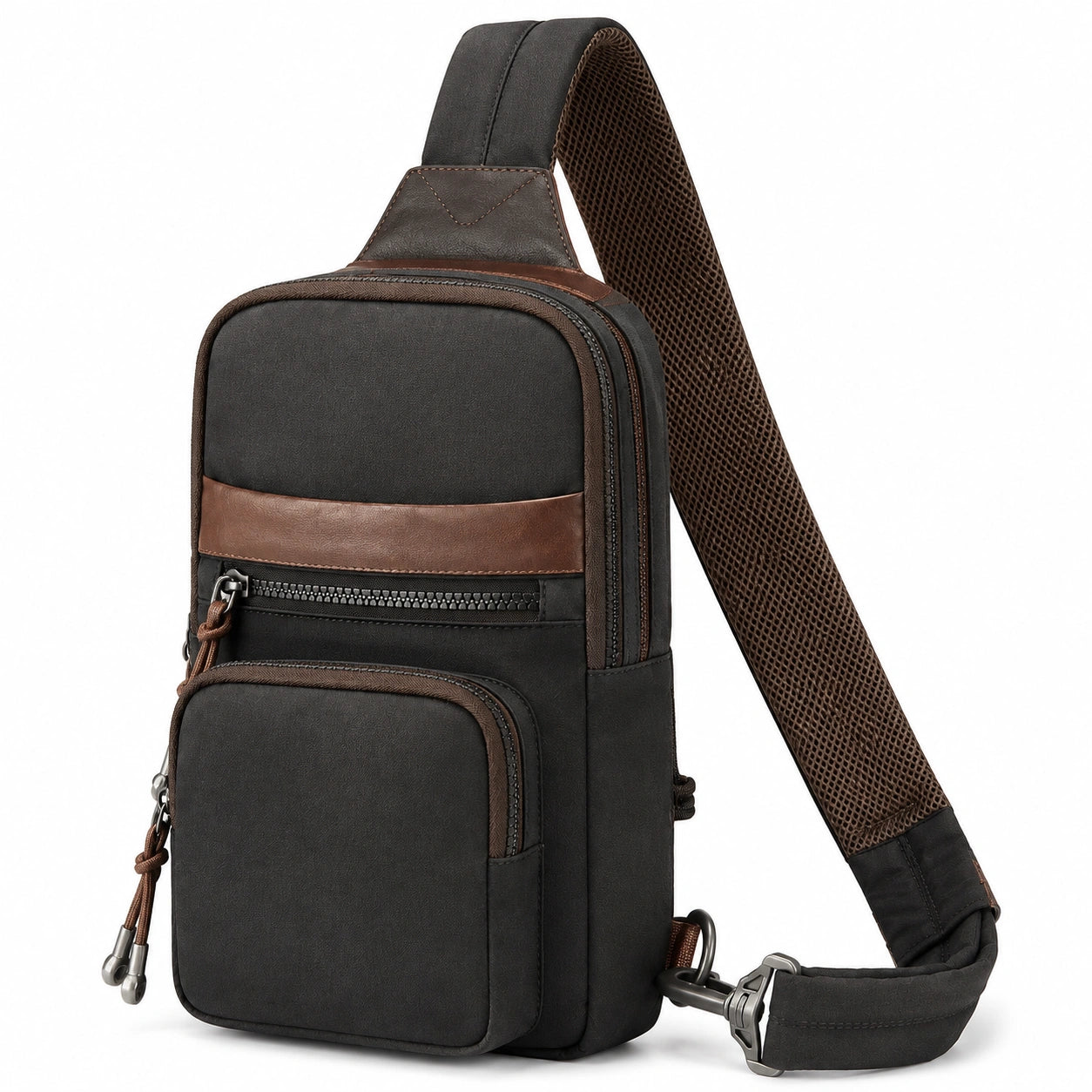 Borsa a tracolla 18 x 8 x 30 cm in similpelle nera e marrone con tasche multiple per uso quotidiano