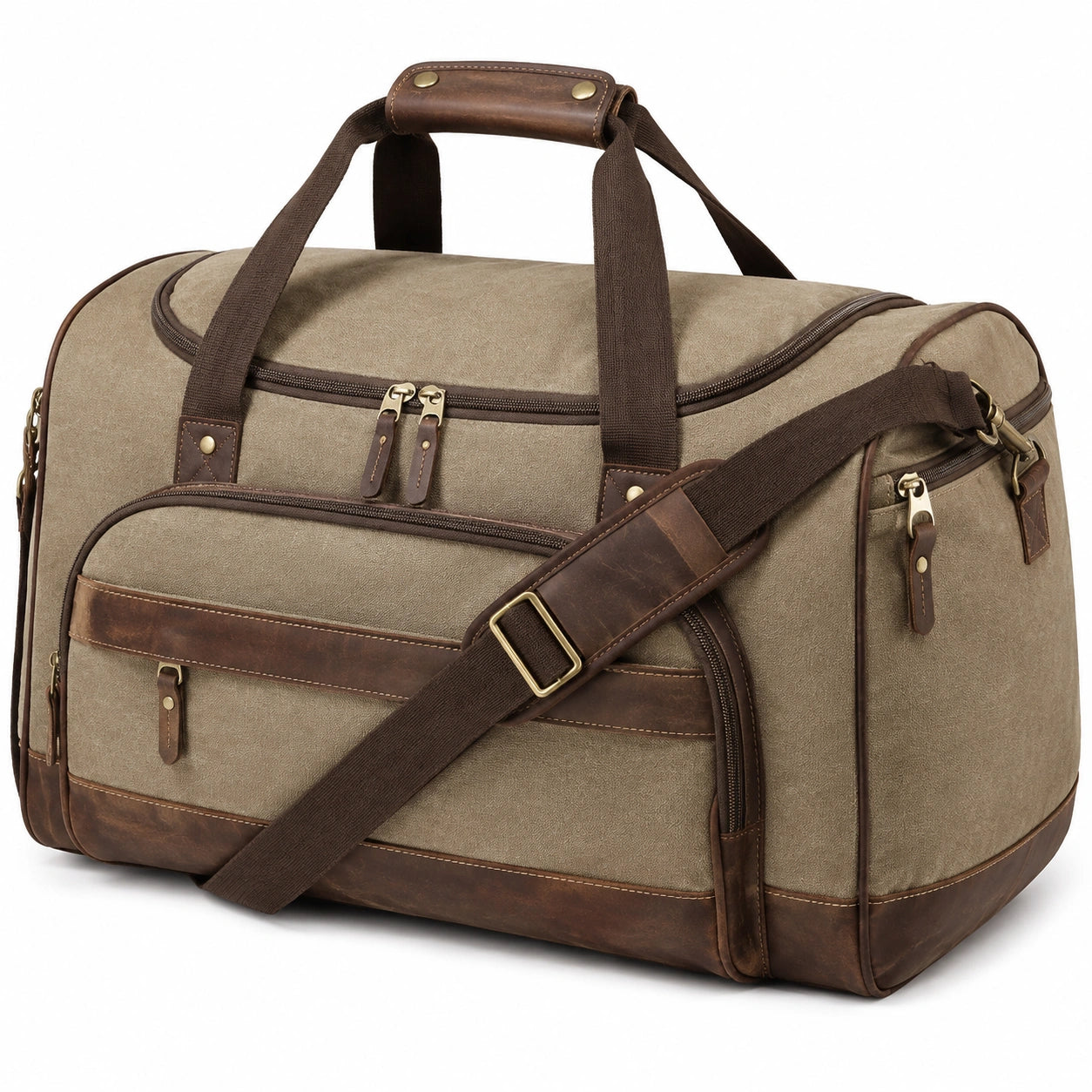Borsone da viaggio 55 cm in tessuto beige e similpelle marrone con tracolla regolabile