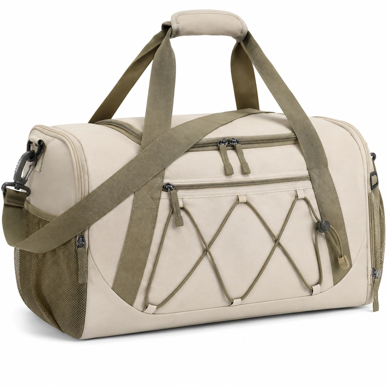 Borsone da viaggio 50 x 25 x 28 cm in tessuto beige e verde oliva con tracolla removibile