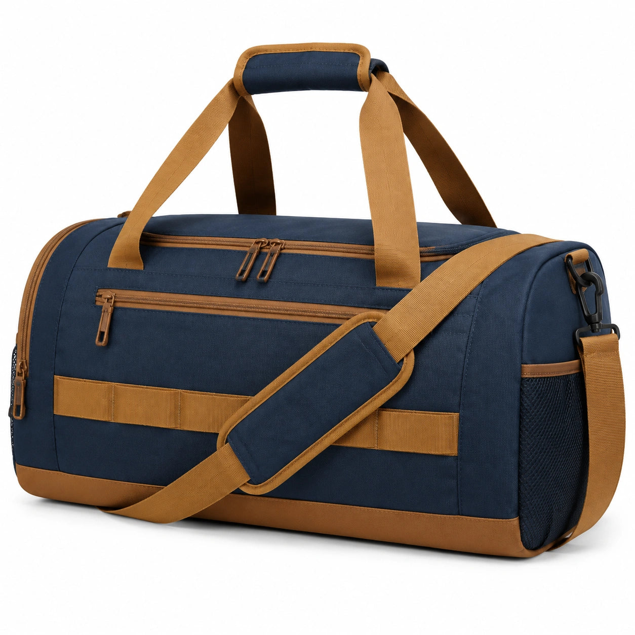 Borsone sportivo 50 x 25 x 28 cm in tessuto blu navy e marrone con tracolla regolabile
