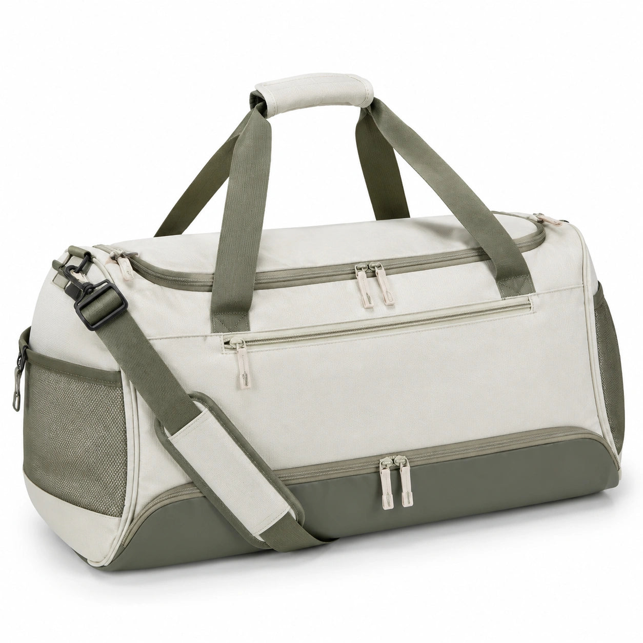 Borsone da viaggio 50 cm in tessuto beige e verde con tracolla regolabile