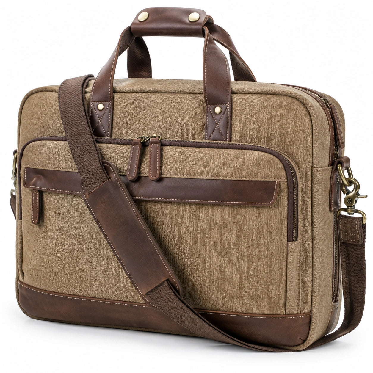 Borsa porta computer 40 cm in tessuto beige e marrone con tracolla stile vintage
