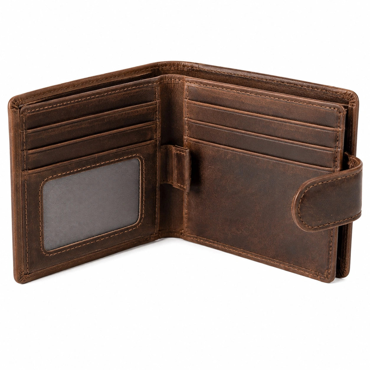 Portafoglio bifold uomo 12 x 10 x 2 cm in pelle marrone con chiusura a pressione
