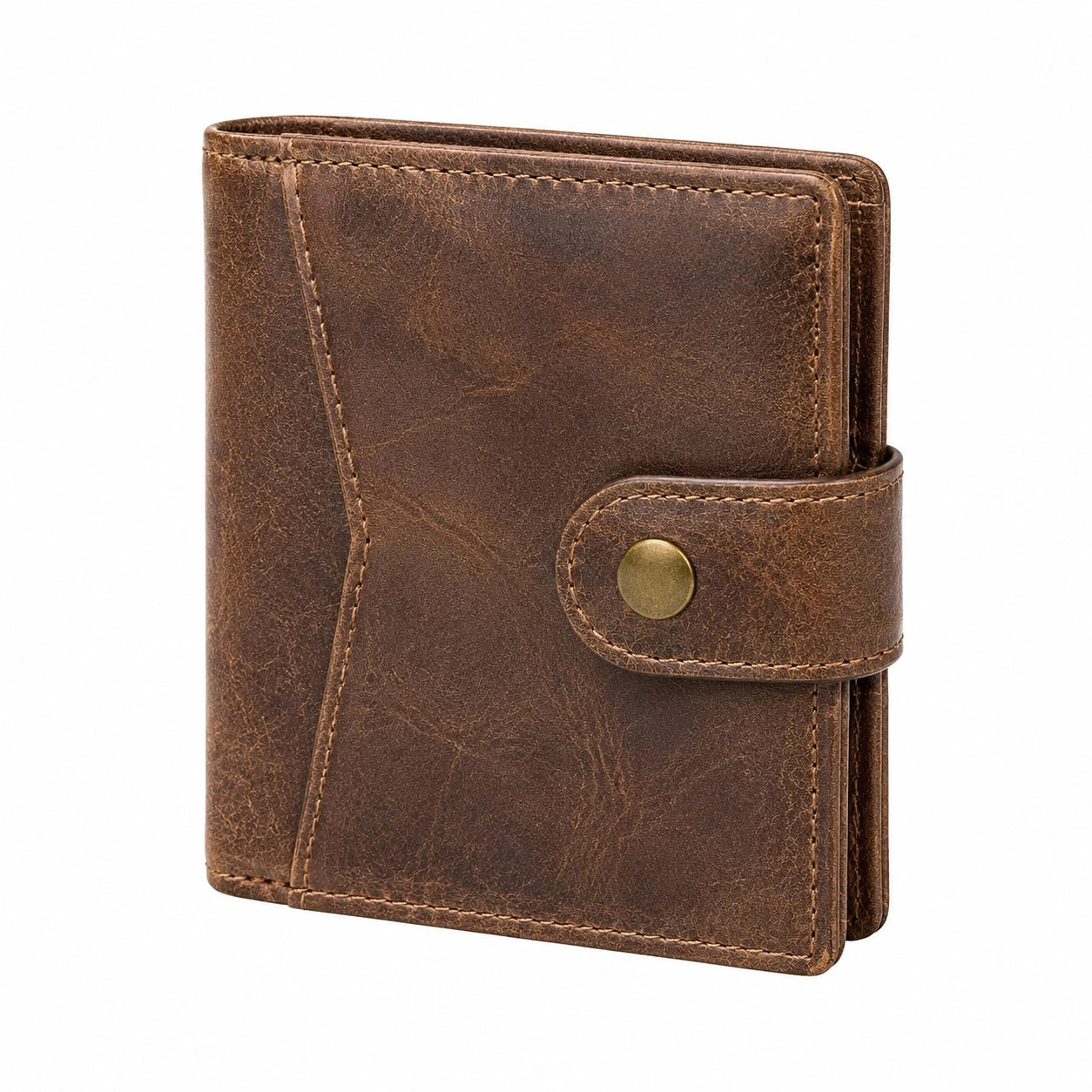 Portafoglio pieghevole 12 x 10 x 2 cm in pelle marrone per carte e banconote con bottone a pressione