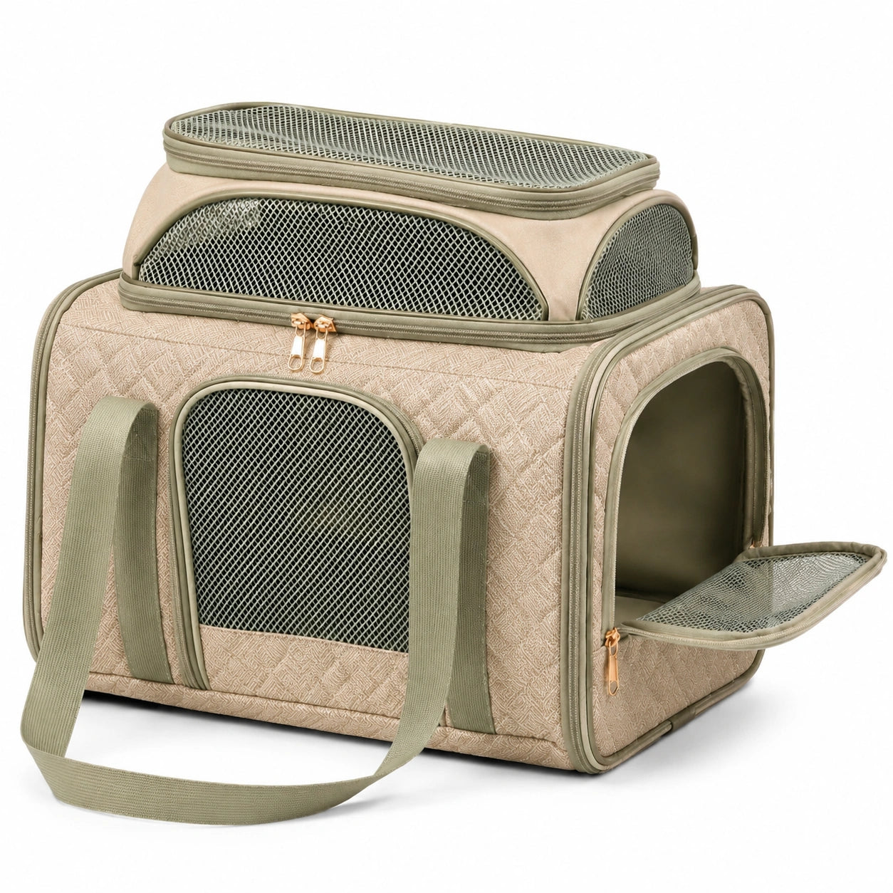 Trasportino per animali 45 x 30 x 30 cm in tessuto beige e verde con rete pieghevole