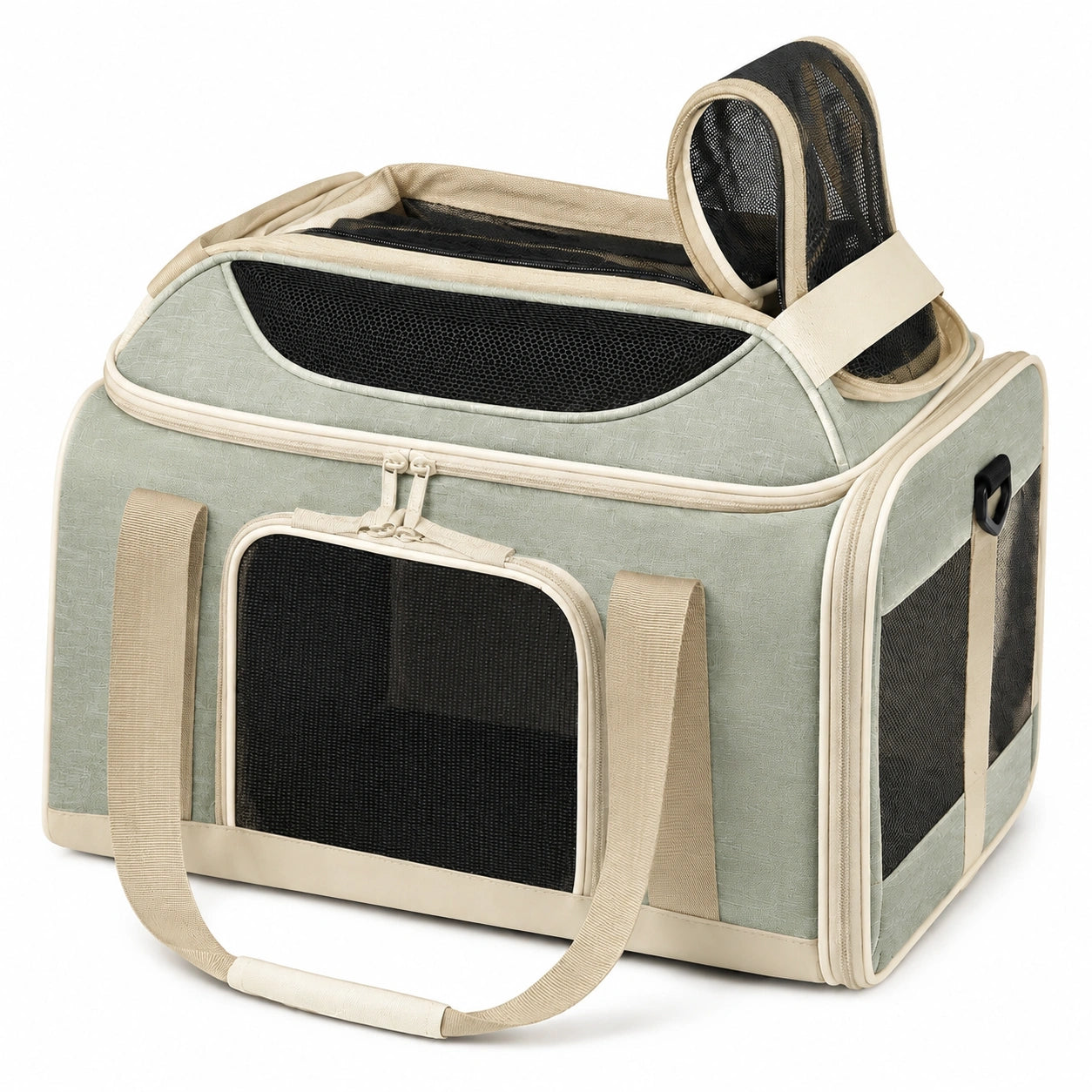 Trasportino per animali 45 x 30 x 30 cm in tessuto beige e verde salvia con rete traspirante pieghevole
