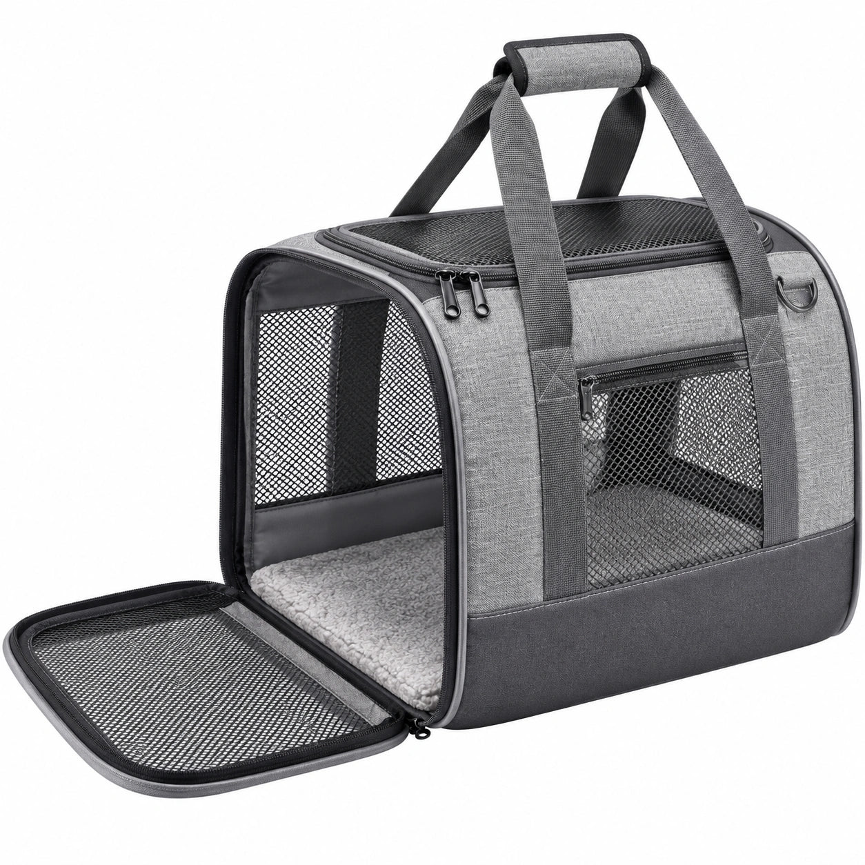 Trasportino per animali 45 x 25 x 30 cm in tessuto grigio e nero con rete traspirante