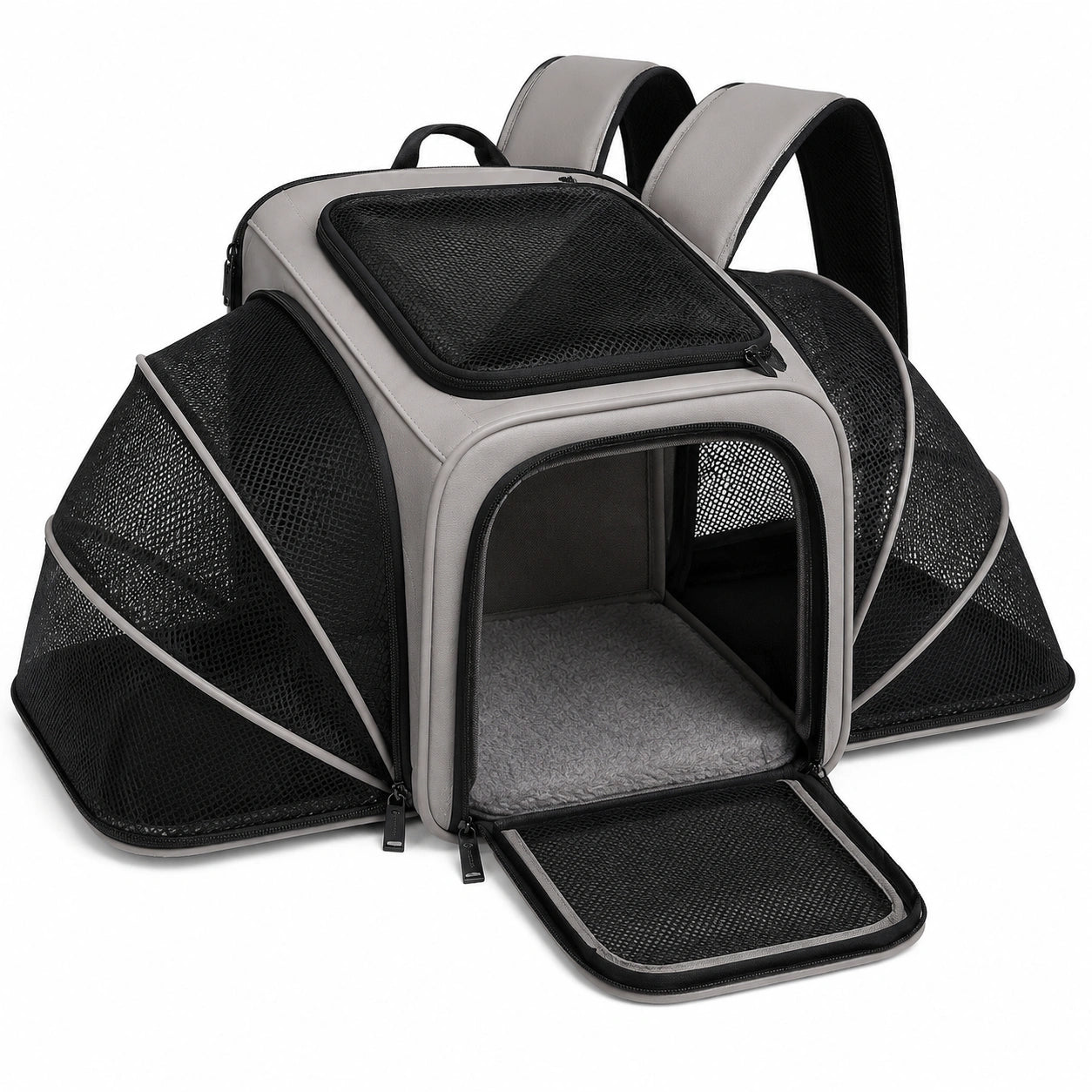 Zaino trasportino per animali 42 x 30 x 38 cm in tessuto sintetico grigio nero con rete ampliabile