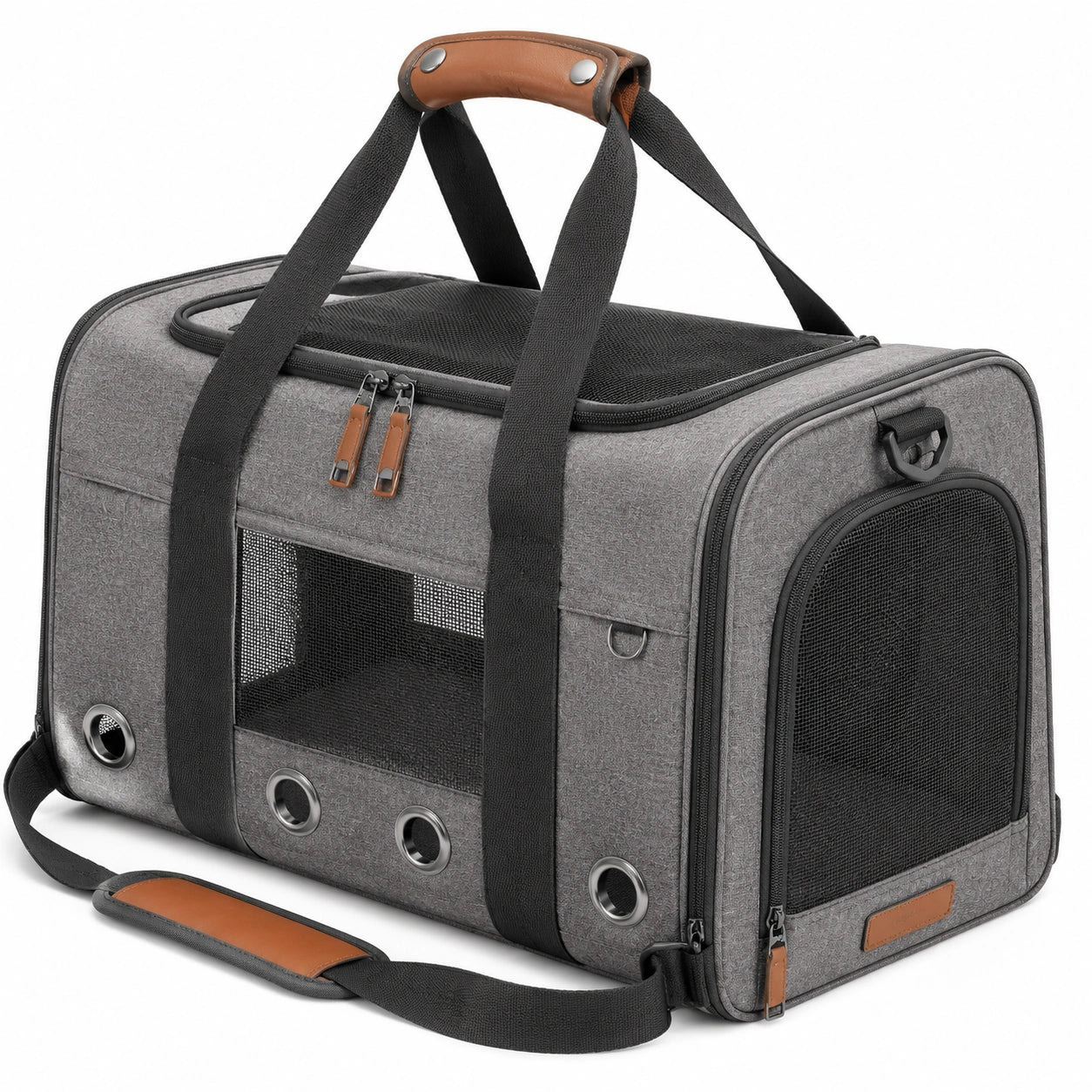 Trasportino per animali 50 x 30 x 30 cm in tessuto grigio con rete traspirante e tracolla