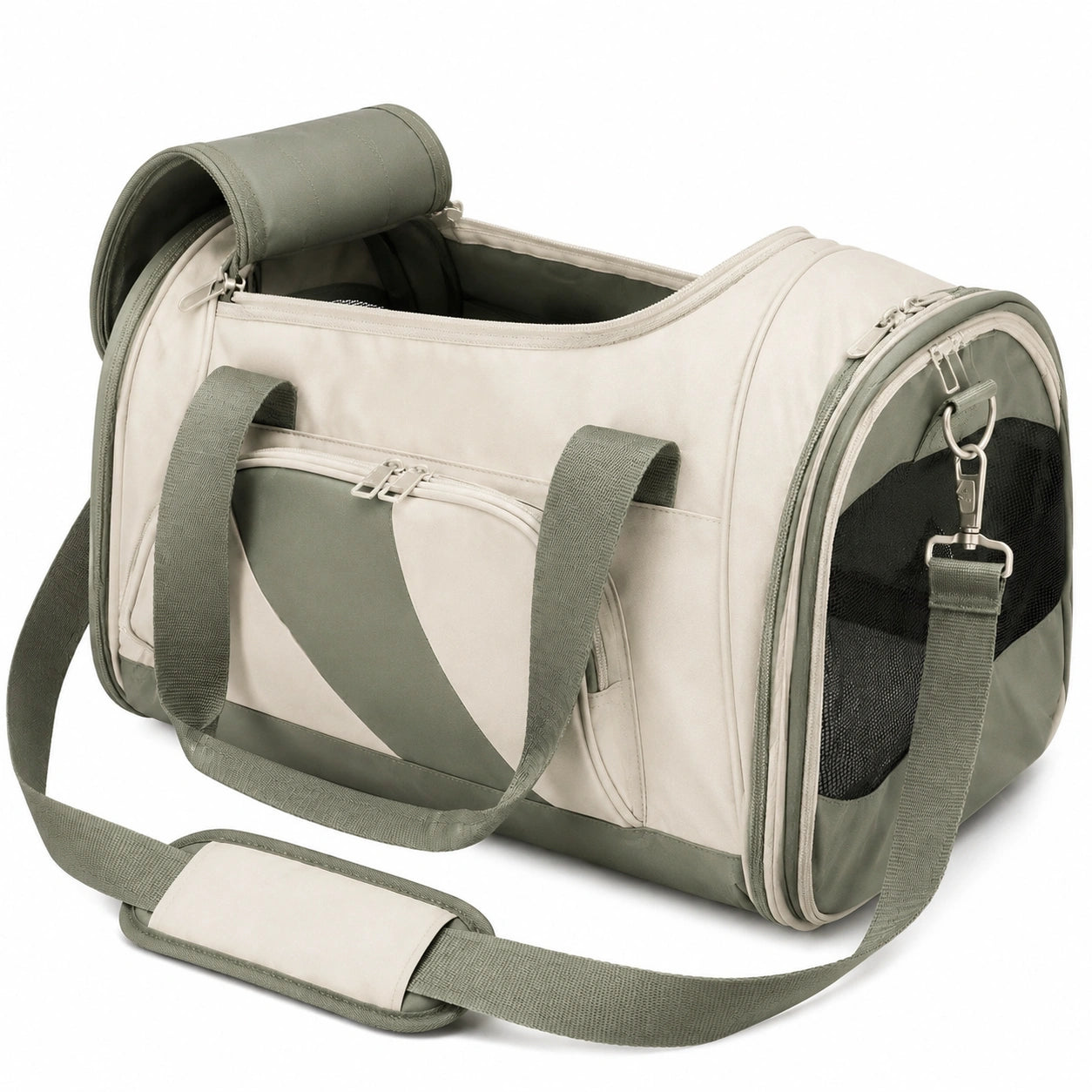 Trasportino per animali 45 x 28 x 28 cm in poliestere beige e verde con rete e tracolla