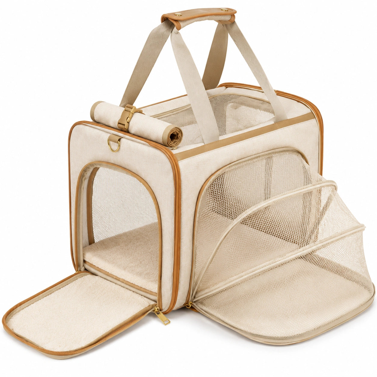 Trasportino per animali 45 x 28 x 30 cm - tessuto beige con rete - pieghevole e ventilato