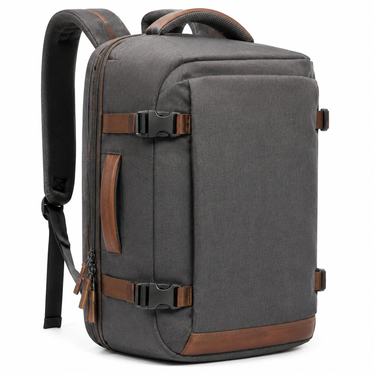 Zaino da viaggio 50 x 32 x 20 cm in tessuto grigio antracite con dettagli marroni funzione espandibile