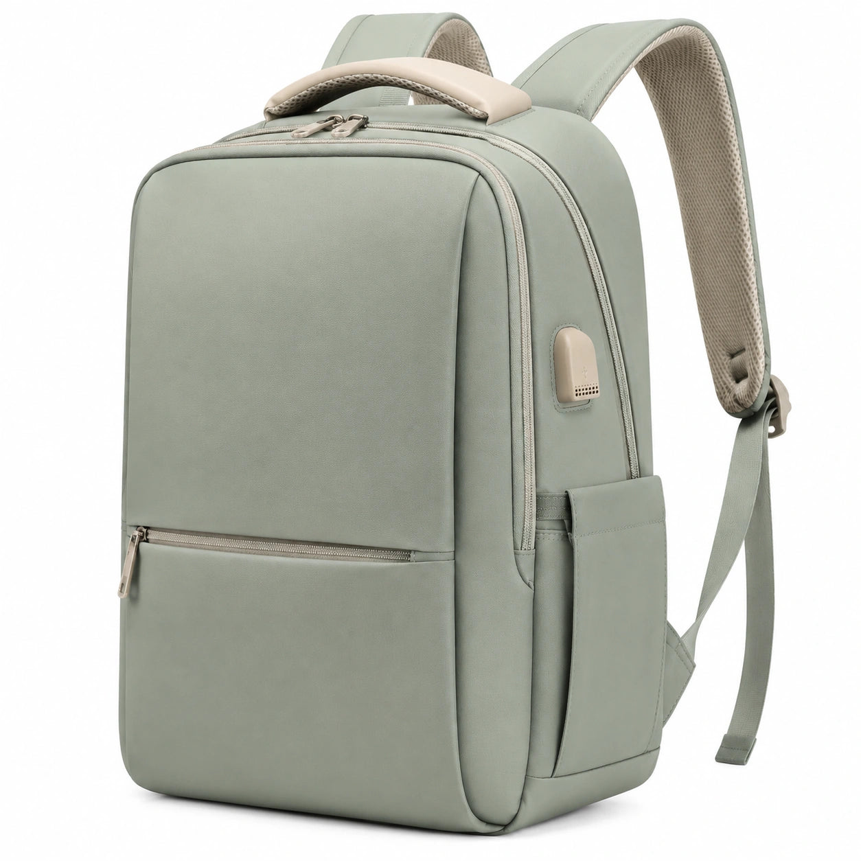 Zaino porta computer 30 x 16 x 42 cm in tessuto verde salvia con porta USB e scomparti organizzati