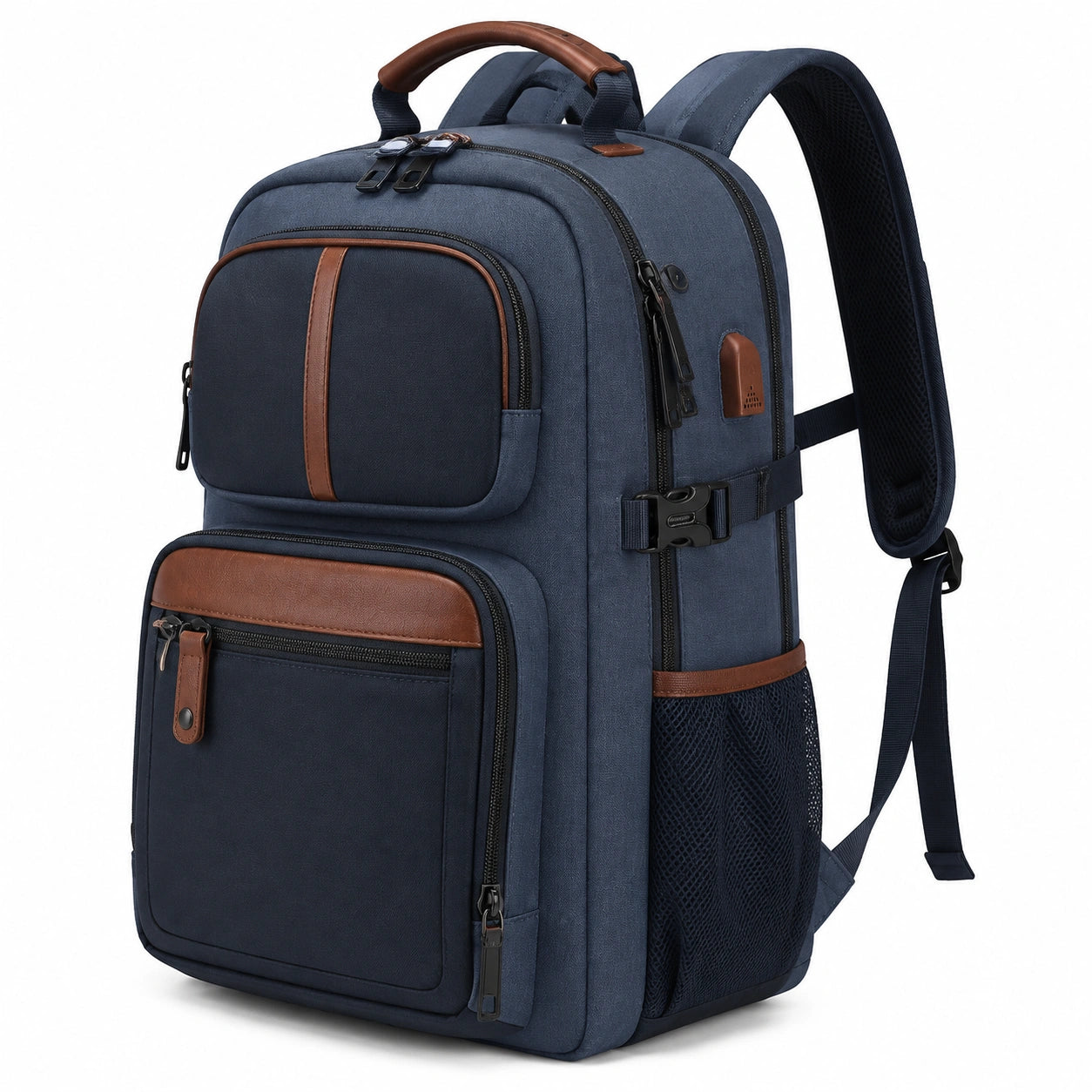 Zaino da viaggio 30 L in tessuto blu navy con dettagli marroni e tasche multiple
